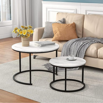 Modern round nesting coffee tables with black metal frame and white marble top
