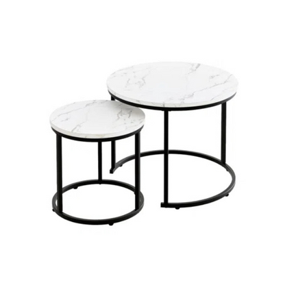 Modern round nesting coffee tables with black metal frame and white marble top