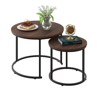 Modern round nesting coffee tables with brown wood top and black metal legs