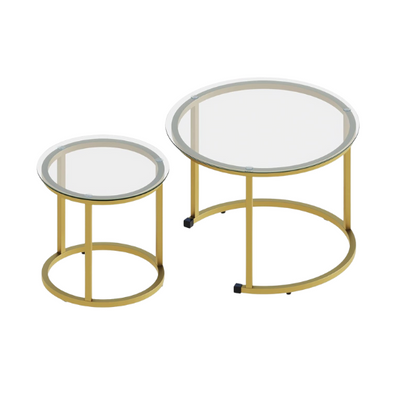 Modern round nesting coffee tables with gold metal frame and clear glass top