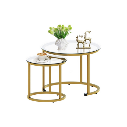 Modern round nesting coffee tables with gold metal frame and clear glass top