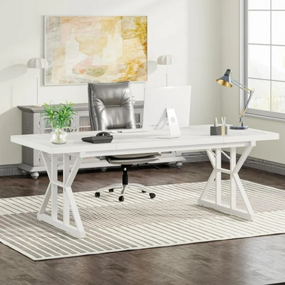 Modern white computer desk with alloy steel frame, spacious writing surface, and 3 drawers for home office or gaming.