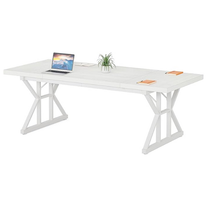 Modern white computer desk with alloy steel frame, spacious writing surface, and 3 drawers for home office or gaming.