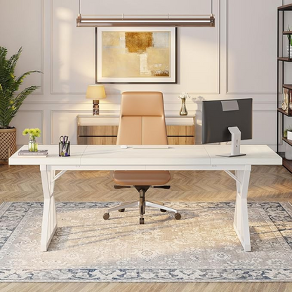 Modern white computer desk with alloy steel frame, spacious writing surface, and 3 drawers for home office or gaming.