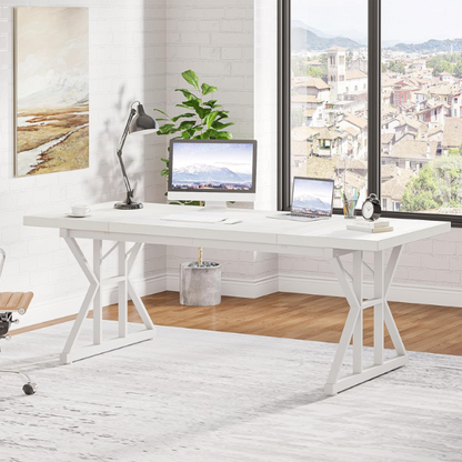 Modern white computer desk with alloy steel frame, spacious writing surface, and 3 drawers for home office or gaming.