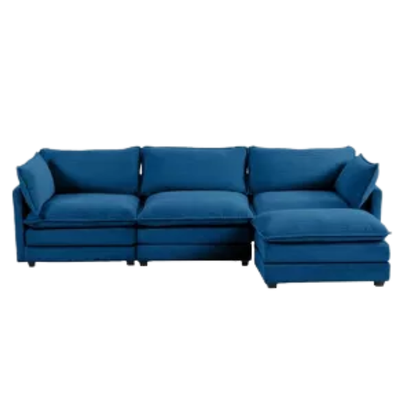 Three-seater navy blue corduroy modular sectional sofa with movable ottoman, modern L-shaped couch for living room with plush cushions and wood-metal frame.