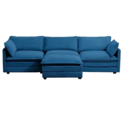Three-seater navy blue corduroy modular sectional sofa with movable ottoman, modern L-shaped couch for living room with plush cushions and wood-metal frame.