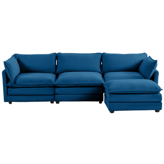 Three-seater navy blue corduroy modular sectional sofa with movable ottoman, modern L-shaped couch for living room with plush cushions and wood-metal frame.