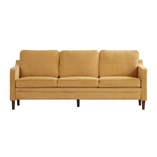 Mustard yellow chenille upholstered sofa featuring curved track arms, mid-century tapered wood legs, and supportive foam cushions in a bold modern design.