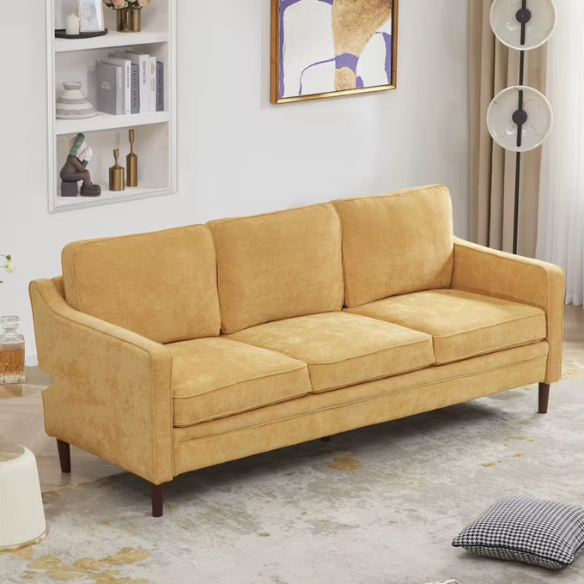 Mustard yellow chenille upholstered sofa featuring curved track arms, mid-century tapered wood legs, and supportive foam cushions in a bold modern design.