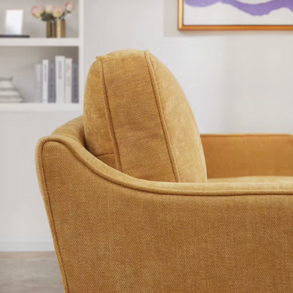 Mustard yellow chenille upholstered sofa featuring curved track arms, mid-century tapered wood legs, and supportive foam cushions in a bold modern design.