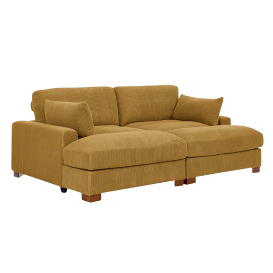 Mustard yellow corduroy convertible sleeper sofa with adjustable headrest, twin bed functionality, and mid-century wood legs