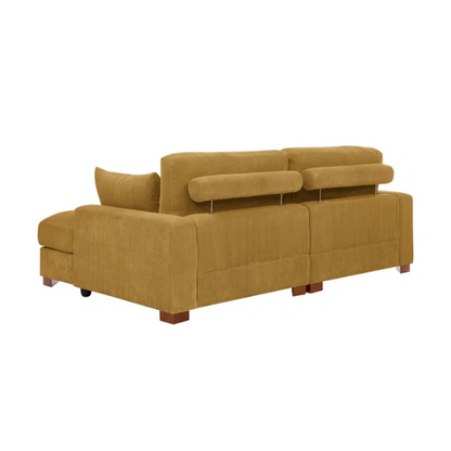 Mustard yellow corduroy convertible sleeper sofa with adjustable headrest, twin bed functionality, and mid-century wood legs