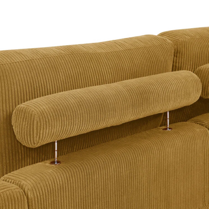 Mustard yellow corduroy convertible sleeper sofa with adjustable headrest, twin bed functionality, and mid-century wood legs