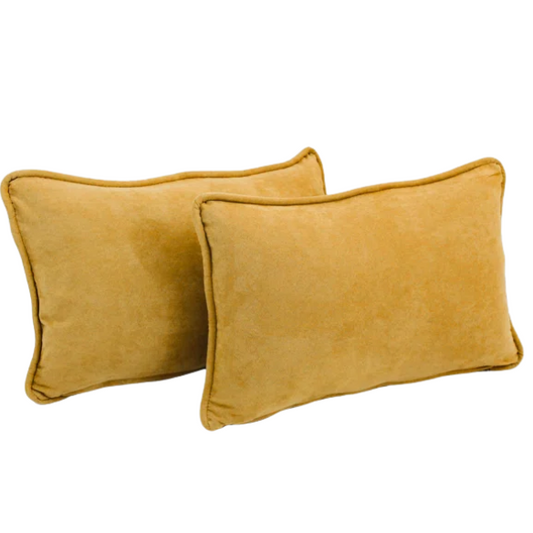 Mustard yellow microsuede lumbar throw pillow set of 2 with piped edges – decorative rectangular cushions for sofa, bed, or accent chair