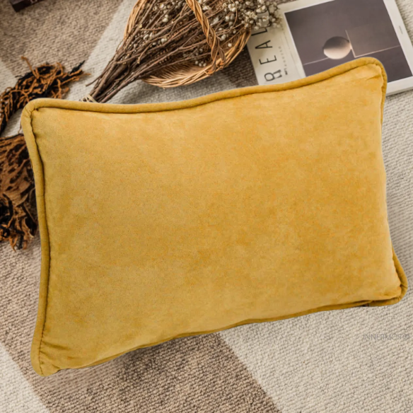 Mustard yellow microsuede lumbar throw pillow set of 2 with piped edges – decorative rectangular cushions for sofa, bed, or accent chair