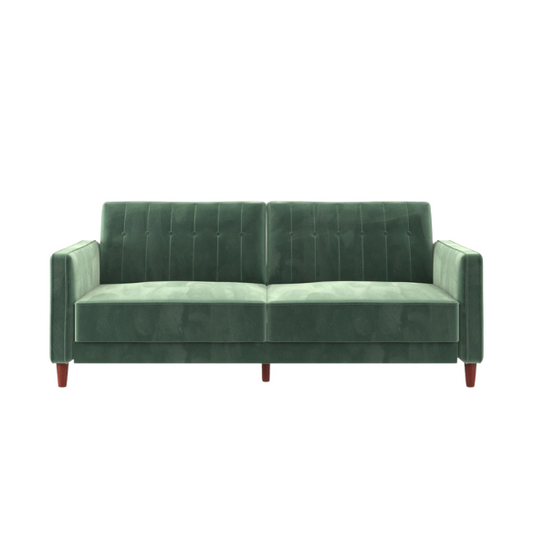 Muted green velvet convertible sofa featuring vertical tufting, square arms, split-back reclining design, and wood tapered legs with twin-size sleeper functionality.