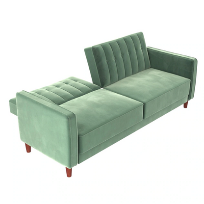 Muted green velvet convertible sofa featuring vertical tufting, square arms, split-back reclining design, and wood tapered legs with twin-size sleeper functionality.