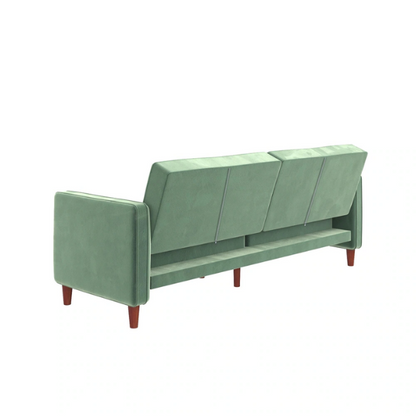 Muted green velvet convertible sofa featuring vertical tufting, square arms, split-back reclining design, and wood tapered legs with twin-size sleeper functionality.