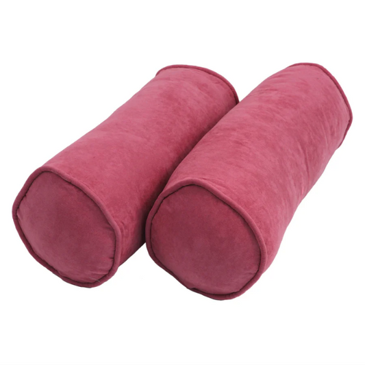Set of 2 muted red bolster pillows with soft microsuede covers, corded edges, and plush polyester fill, ideal for cozy indoor décor and modern styling.
