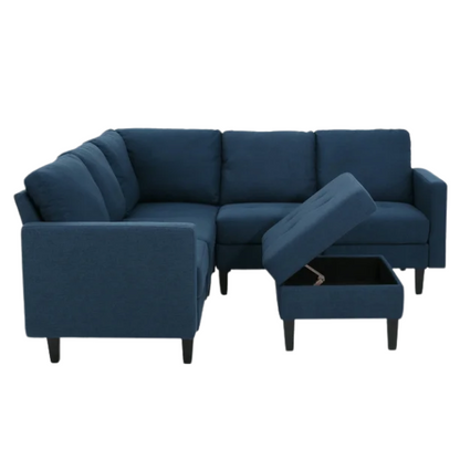 Modern navy blue 5-piece modular sectional sofa set with ottoman and birch wood legs