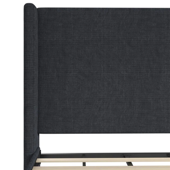 Navy blue canvas upholstered king platform bed with tall wingback headboard, no box spring required