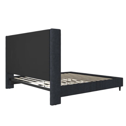 Navy blue canvas upholstered king platform bed with tall wingback headboard, no box spring required