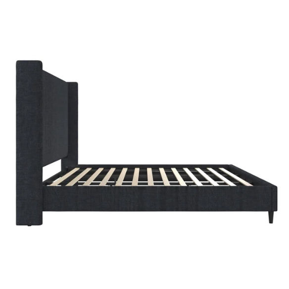 Navy blue canvas upholstered king platform bed with tall wingback headboard, no box spring required
