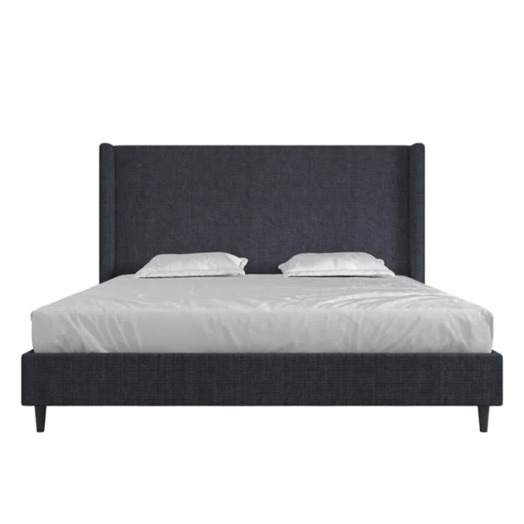Navy blue canvas upholstered king platform bed with tall wingback headboard, no box spring required