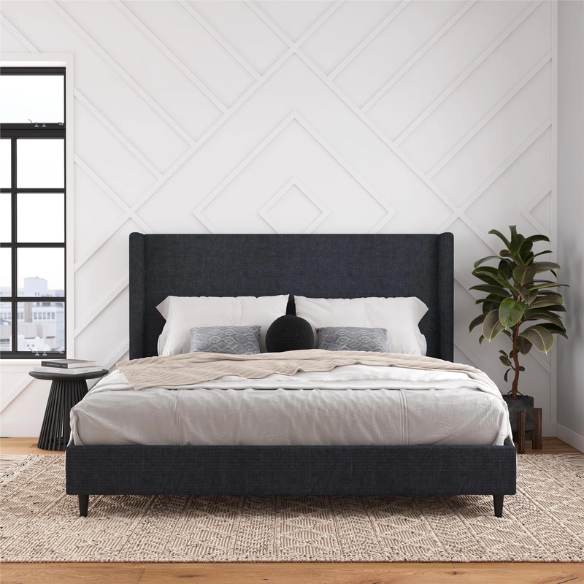 Navy blue canvas upholstered king platform bed with tall wingback headboard, no box spring required