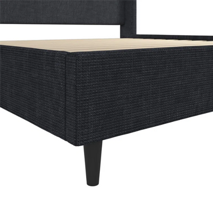 Navy blue canvas upholstered king platform bed with tall wingback headboard, no box spring required