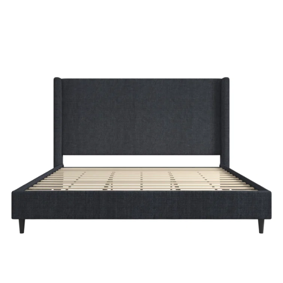 Navy blue canvas upholstered king platform bed with tall wingback headboard, no box spring required