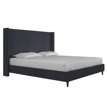 Navy blue canvas upholstered king platform bed with tall wingback headboard, no box spring required