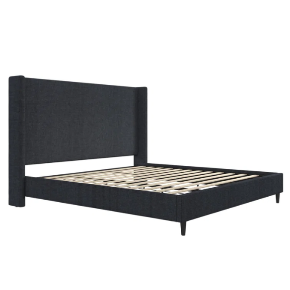 Navy blue canvas upholstered king platform bed with tall wingback headboard, no box spring required