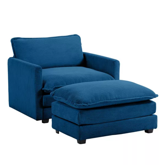 Navy blue corduroy accent chair with matching ottoman, featuring plush upholstery, modern design, and high-resilience foam for comfort and support.