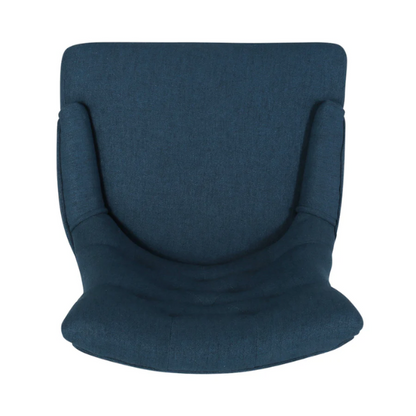 Set of four navy blue upholstered dining chairs featuring diamond tufted backs, armless design, sloped sides, and espresso brown wooden legs.

