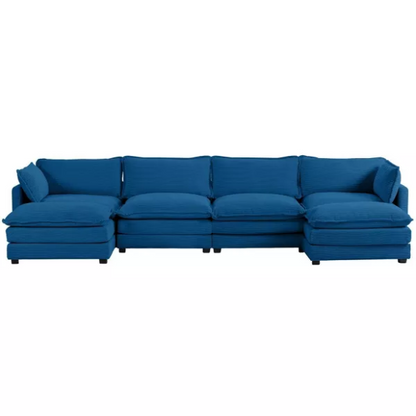 Navy blue 4-seat modular sectional sofa with two matching ottomans, upholstered in plush corduroy with durable wood and metal frame and high-density sponge cushions.