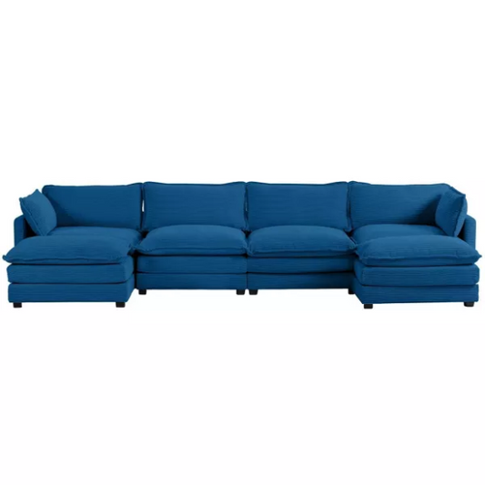 Navy blue 4-seat modular sectional sofa with two matching ottomans, upholstered in plush corduroy with durable wood and metal frame and high-density sponge cushions.