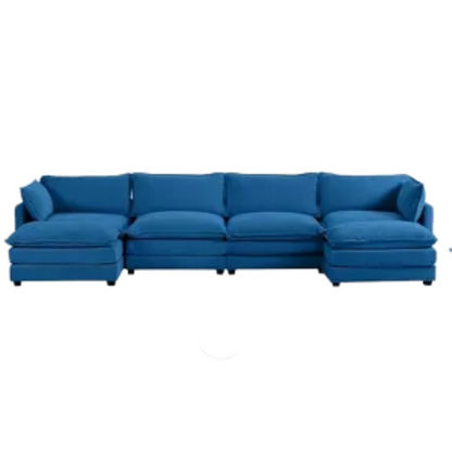 Navy blue 4-seat modular sectional sofa with two matching ottomans, upholstered in plush corduroy with durable wood and metal frame and high-density sponge cushions.