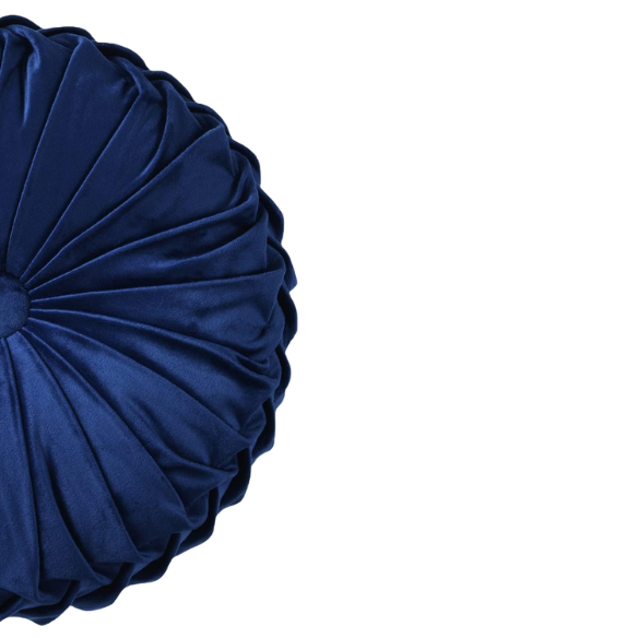 Navy blue velvet round throw pillows with hand-sewn pleats and button center, 14.5-inch set of two styled on a neutral-toned sofa.

