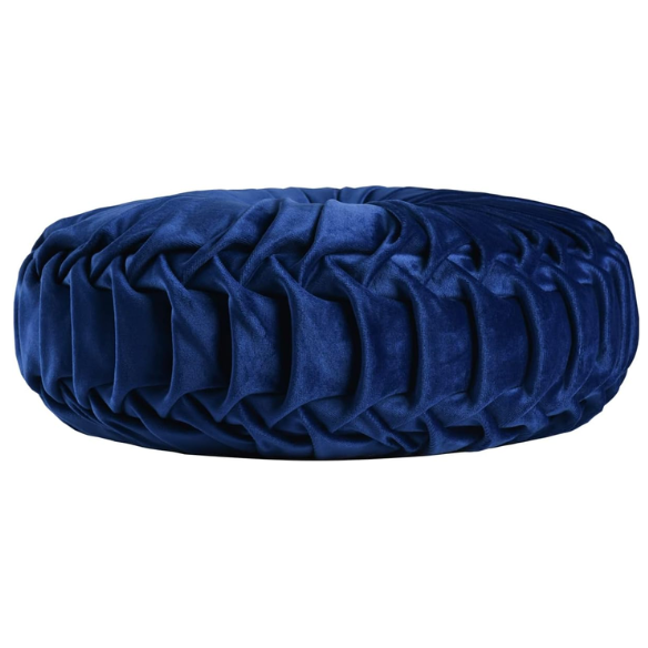 Navy blue velvet round throw pillows with hand-sewn pleats and button center, 14.5-inch set of two styled on a neutral-toned sofa.

