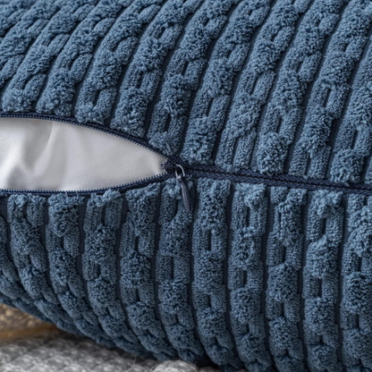Stylish navy blue striped corduroy throw pillow cover with zipper closure, perfect for modern and boho home décor.