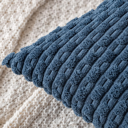 Stylish navy blue striped corduroy throw pillow cover with zipper closure, perfect for modern and boho home décor.