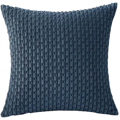 Stylish navy blue striped corduroy throw pillow cover with zipper closure, perfect for modern and boho home décor.