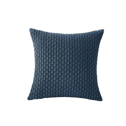 Stylish navy blue striped corduroy throw pillow cover with zipper closure, perfect for modern and boho home décor.