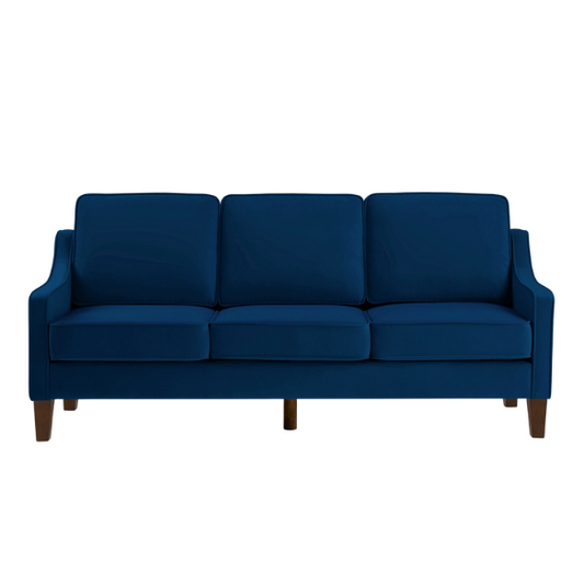 Elegant navy blue velvet 3-seater sofa with plush cushions, modern design, and wood frame – perfect for living rooms or formal lounges.