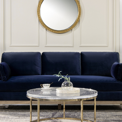 Navy blue velvet 3-seater sofa with feather-down cushions, track arms, and solid wood legs, designed for modern and transitional interiors.

