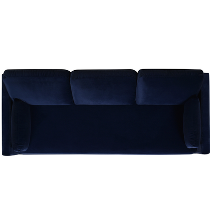 Navy blue velvet 3-seater sofa with feather-down cushions, track arms, and solid wood legs, designed for modern and transitional interiors.


