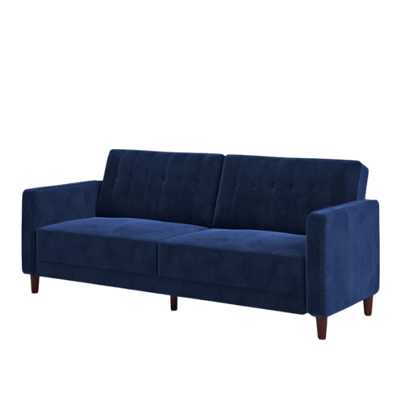 Navy blue velvet convertible sofa with vertical tufting, square arms, and brown tapered legs, designed with a split-back reclining feature and twin bed conversion.
