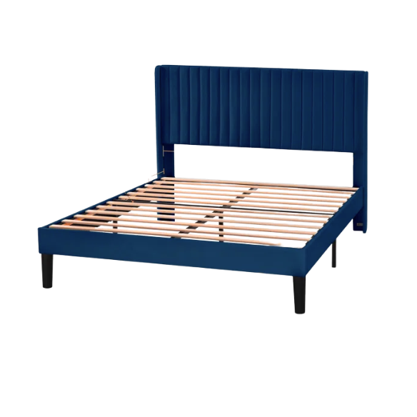 Navy blue full-size velvet upholstered bed frame with tufted wingback headboard and slatted base